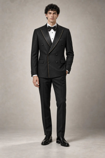 Noir Cadence - Black Double-Breasted Gold Crystal Peak Lapel Tuxedo