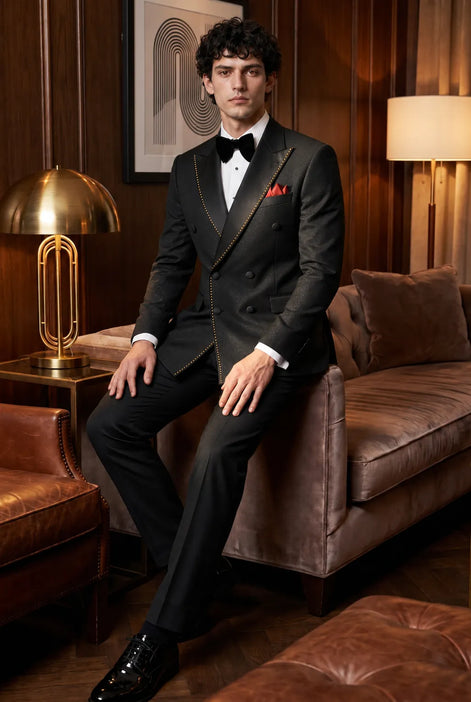 Noir Cadence - Black Double-Breasted Gold Crystal Peak Lapel Tuxedo