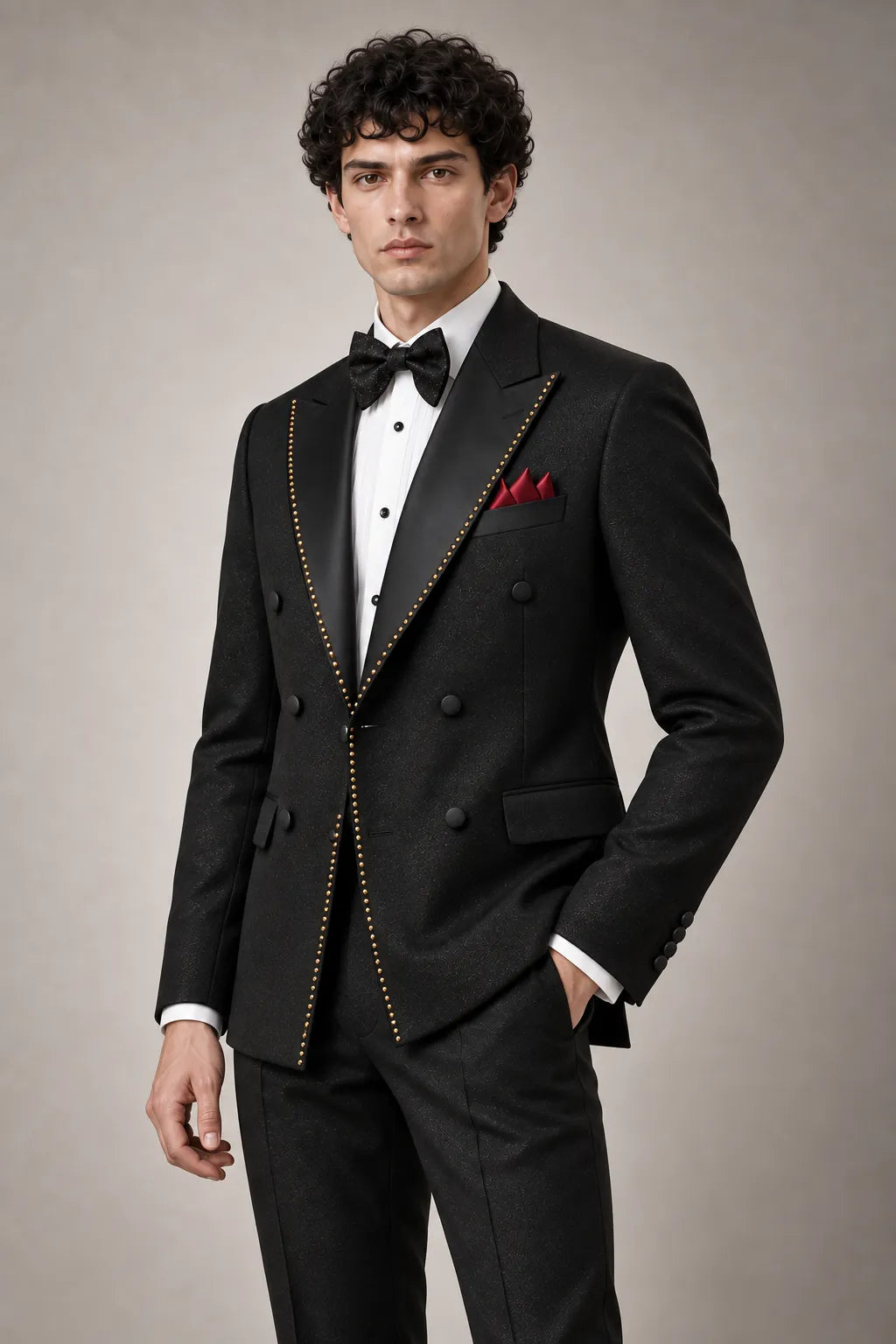 Noir Cadence - Black Double-Breasted Gold Crystal Peak Lapel Tuxedo