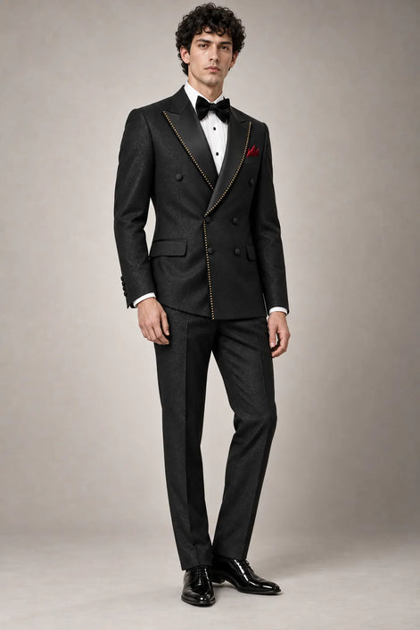 Noir Cadence - Black Double-Breasted Gold Crystal Peak Lapel Tuxedo