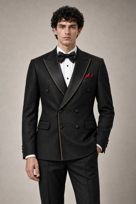 Noir Cadence - Black Double-Breasted Gold Crystal Peak Lapel Tuxedo