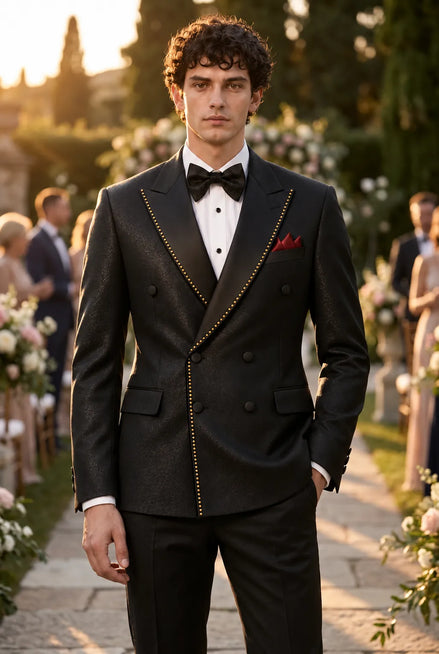 Noir Cadence - Black Double-Breasted Gold Crystal Peak Lapel Tuxedo