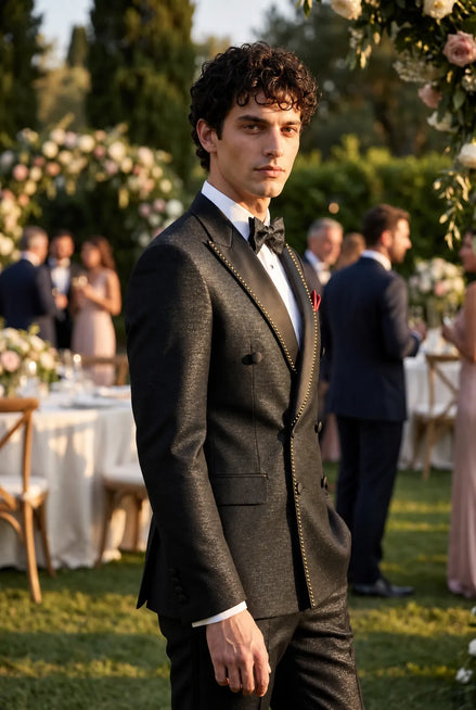 Noir Cadence - Black Double-Breasted Gold Crystal Peak Lapel Tuxedo