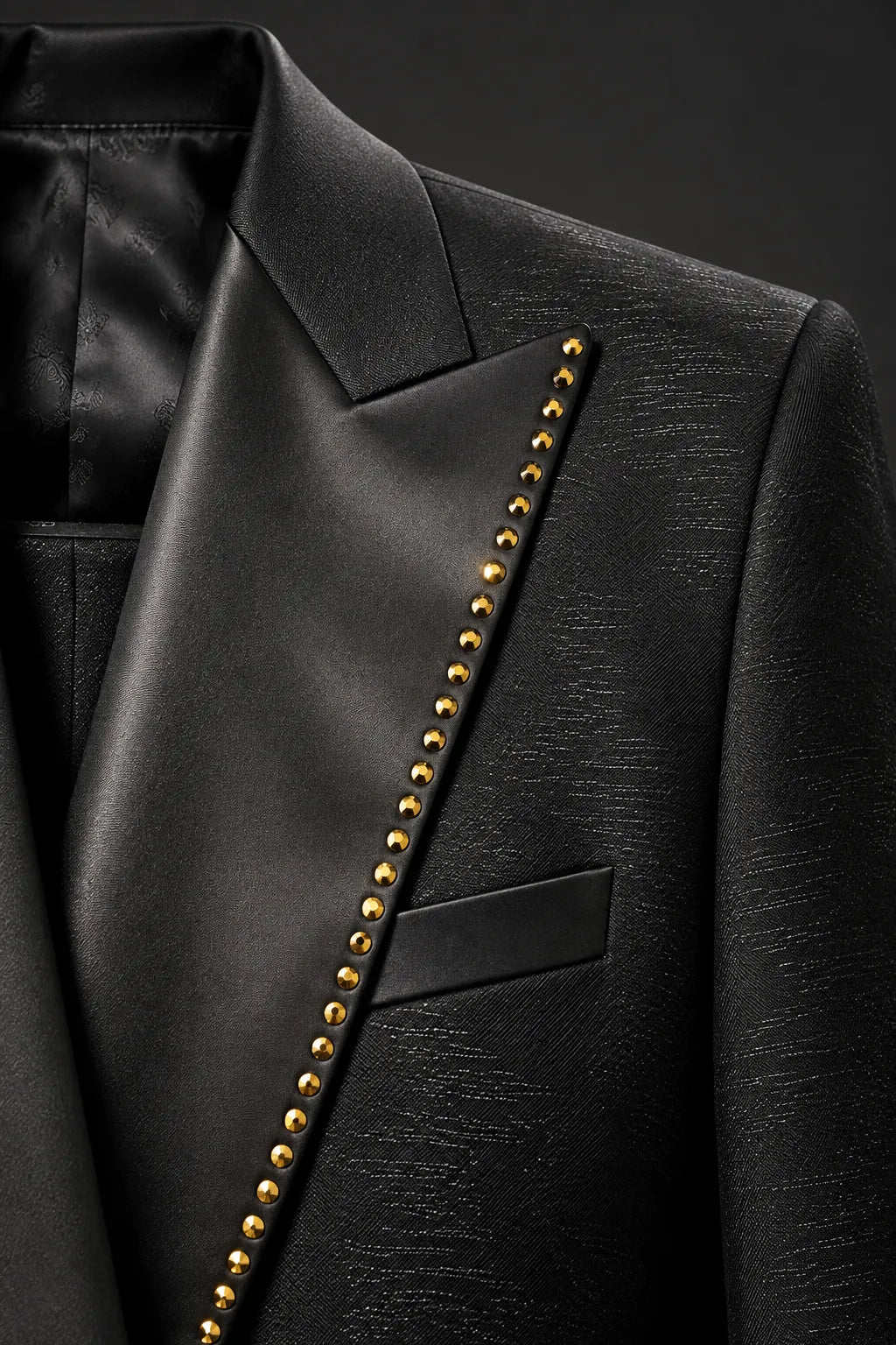 Noir Cadence - Black Double-Breasted Gold Crystal Peak Lapel Tuxedo