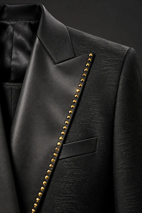 Noir Cadence - Black Double-Breasted Gold Crystal Peak Lapel Tuxedo