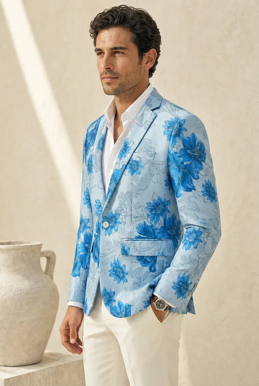 Azure Mediterranean Muse - Blue Floral Resort Blazer