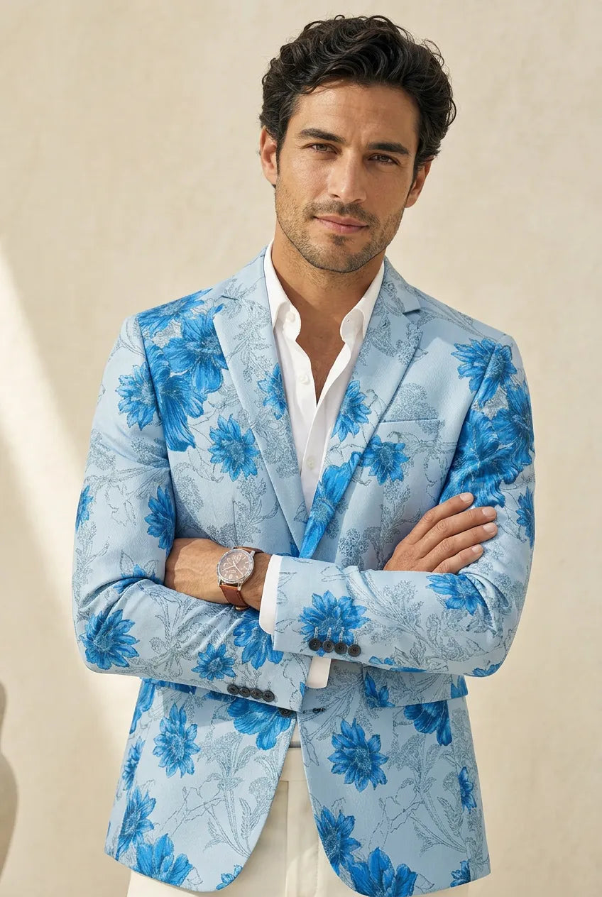 Azure Mediterranean Muse - Blue Floral Resort Blazer