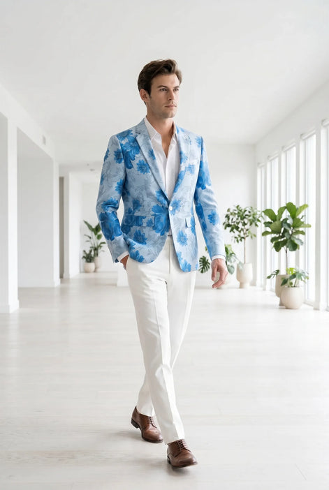 Azure Mediterranean Muse - Blue Floral Resort Blazer