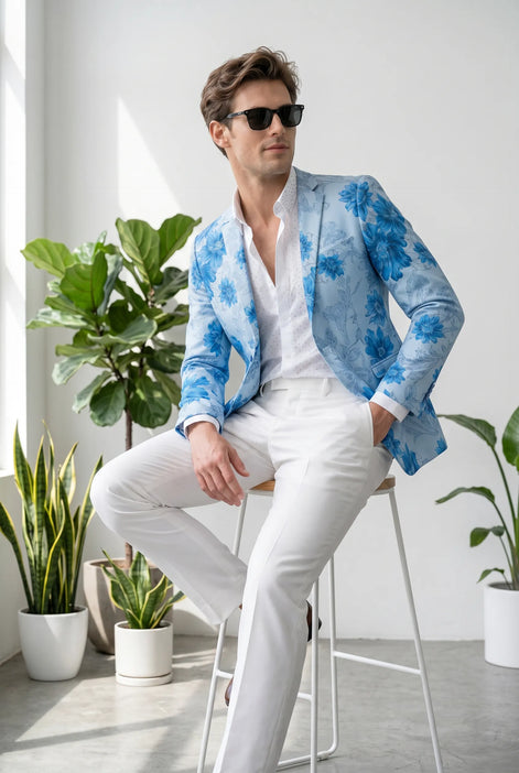 Azure Mediterranean Muse - Blue Floral Resort Blazer