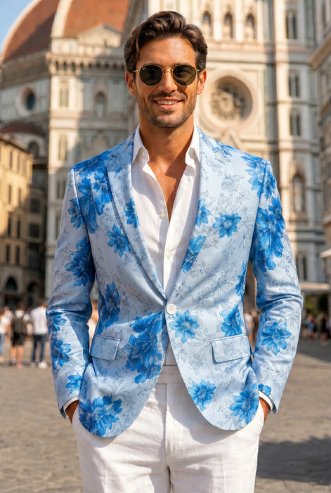 Azure Mediterranean Muse - Blue Floral Resort Blazer