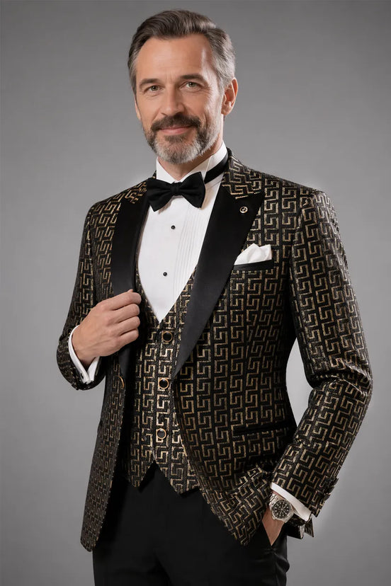 Sable Pantheon - Black Gold Geometric Peak Lapel 3-Piece Tuxedo