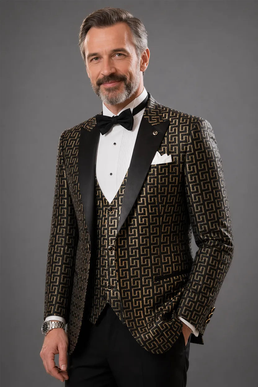 Sable Pantheon - Black Gold Geometric Peak Lapel 3-Piece Tuxedo