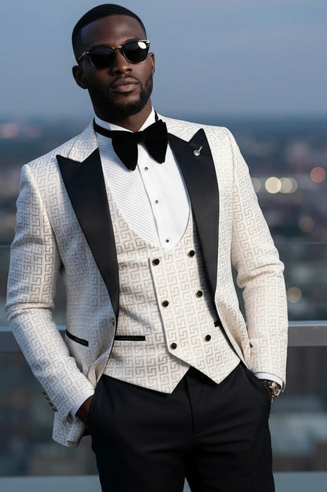 Alabaster Pantheon - White & Gold Greek-Key Jacquard Peak Lapel 3-Piece Tuxedo - Nevo Suit™