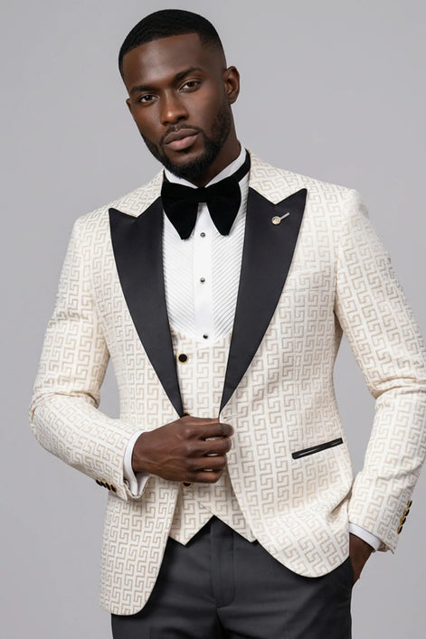 Alabaster Pantheon - White & Gold Greek-Key Jacquard Peak Lapel 3-Piece Tuxedo - Nevo Suit™