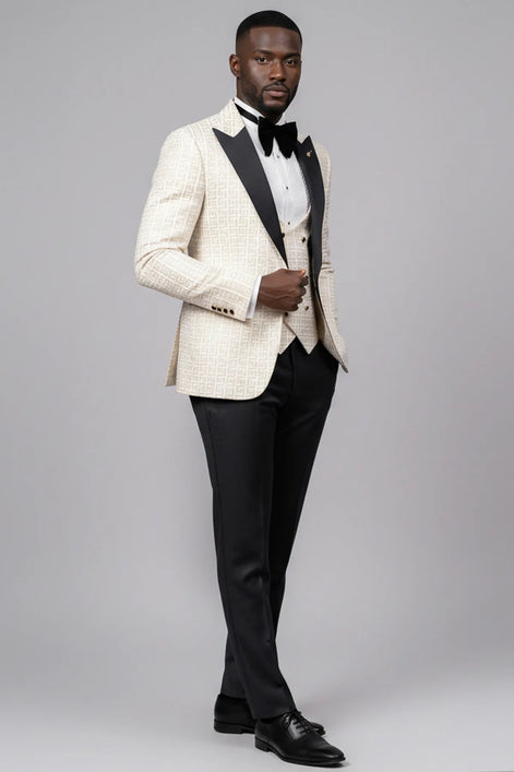 Full front view of Ivory Nebula white and gold geometric jacquard tuxedo with black peak lapel and vest - Nevo Suits