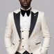 Full front view of Ivory Nebula white and gold geometric jacquard tuxedo with black peak lapel and vest - Nevo Suits