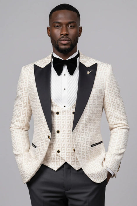 Full front view of Ivory Nebula white and gold geometric jacquard tuxedo with black peak lapel and vest - Nevo Suits