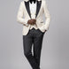 Full front view of Ivory Nebula white and gold geometric jacquard tuxedo with black peak lapel and vest - Nevo Suits