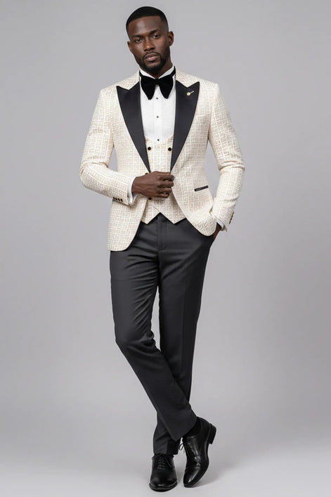 Full front view of Ivory Nebula white and gold geometric jacquard tuxedo with black peak lapel and vest - Nevo Suits