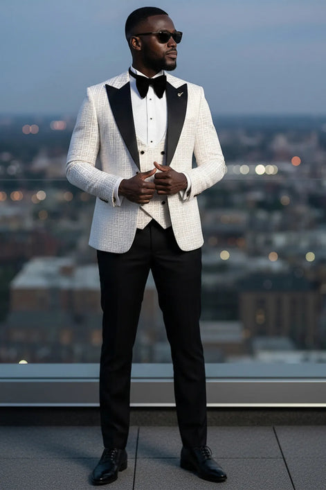 Alabaster Pantheon - White & Gold Greek-Key Jacquard Peak Lapel 3-Piece Tuxedo - Nevo Suit™