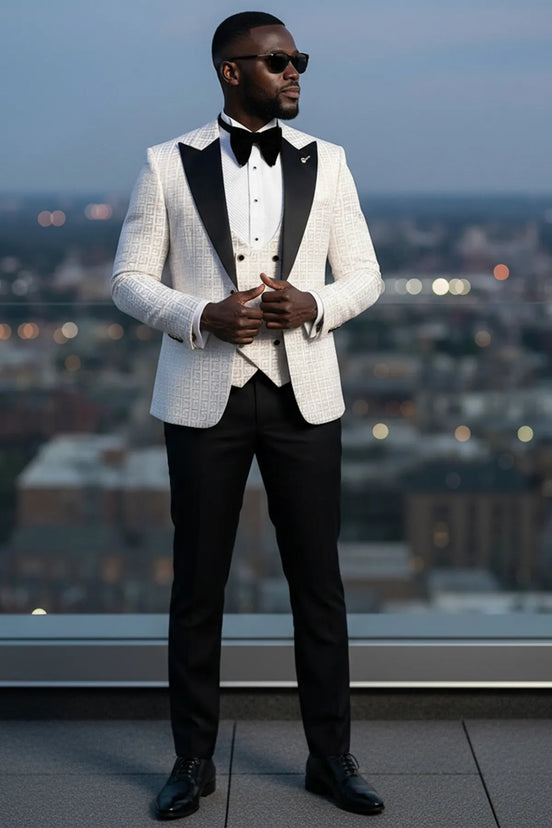 Alabaster Pantheon - White & Gold Greek-Key Jacquard Peak Lapel 3-Piece Tuxedo - Nevo Suit™