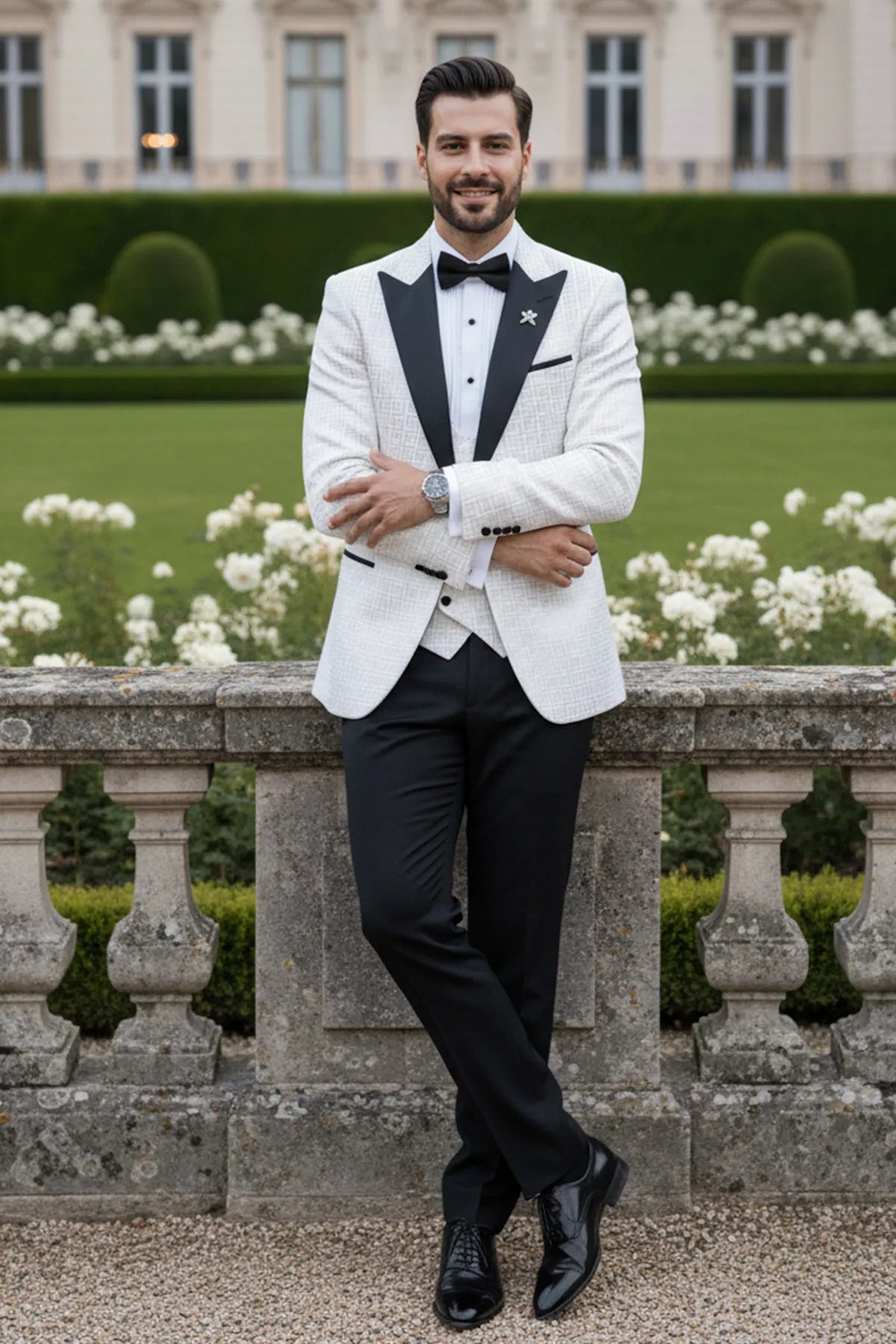 Full front view of Ivory Nebula white and gold geometric jacquard tuxedo with black peak lapel and vest - Nevo Suits