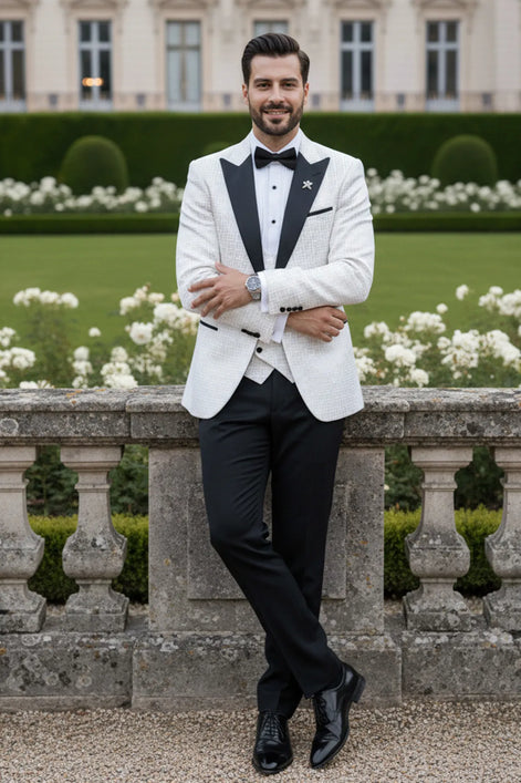 Full front view of Ivory Nebula white and gold geometric jacquard tuxedo with black peak lapel and vest - Nevo Suits