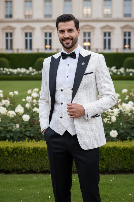 Full front view of Ivory Nebula white and gold geometric jacquard tuxedo with black peak lapel and vest - Nevo Suits