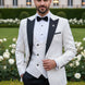 Full front view of Ivory Nebula white and gold geometric jacquard tuxedo with black peak lapel and vest - Nevo Suits