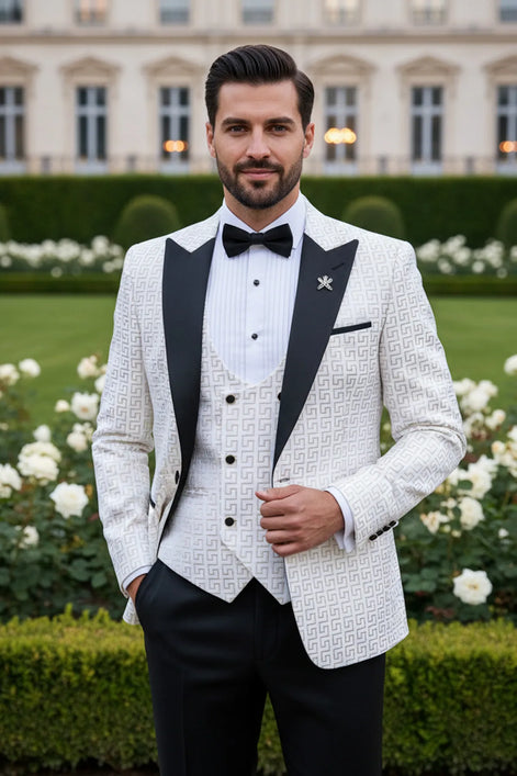 Full front view of Ivory Nebula white and gold geometric jacquard tuxedo with black peak lapel and vest - Nevo Suits