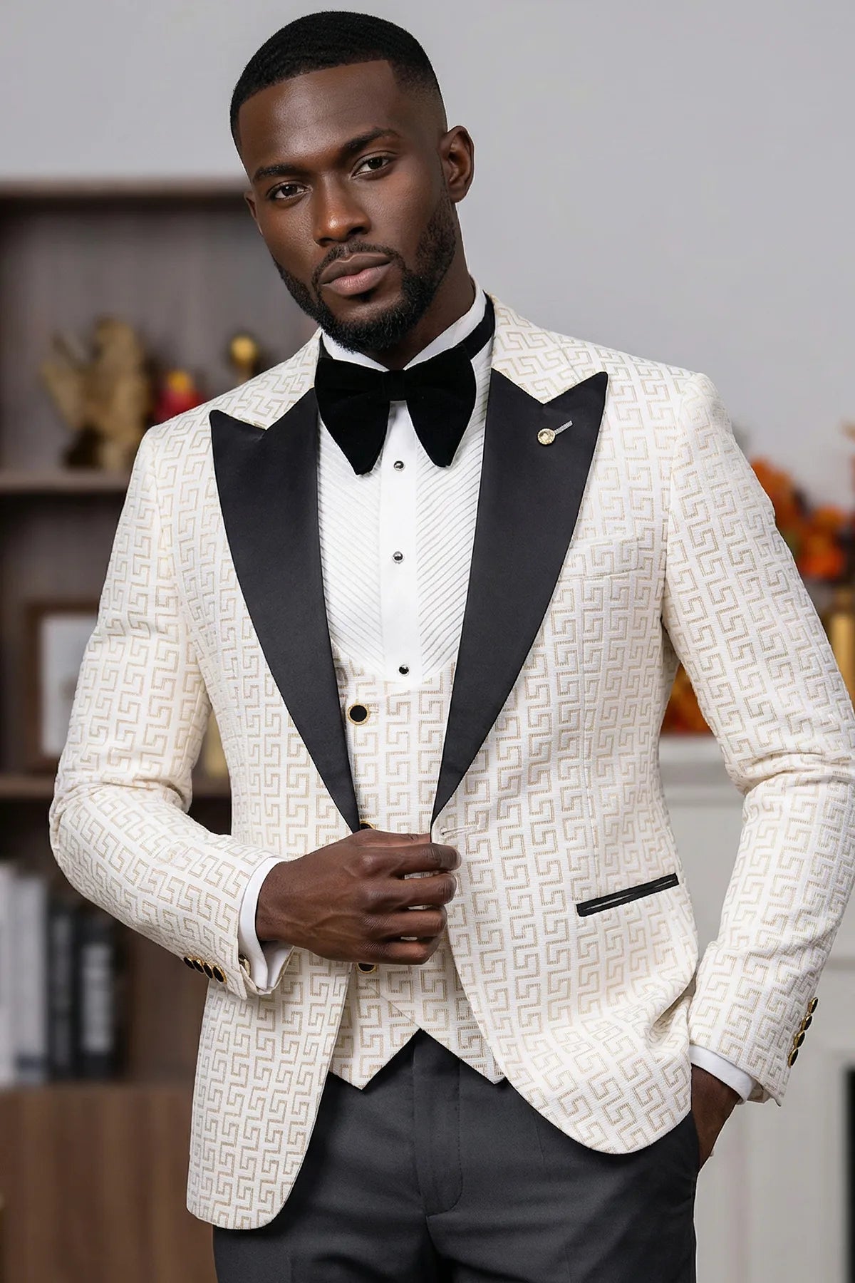 Full front view of Ivory Nebula white and gold geometric jacquard tuxedo with black peak lapel and vest - Nevo Suits