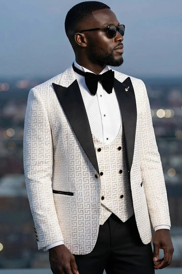 Alabaster Pantheon - White & Gold Greek-Key Jacquard Peak Lapel 3-Piece Tuxedo - Nevo Suit™