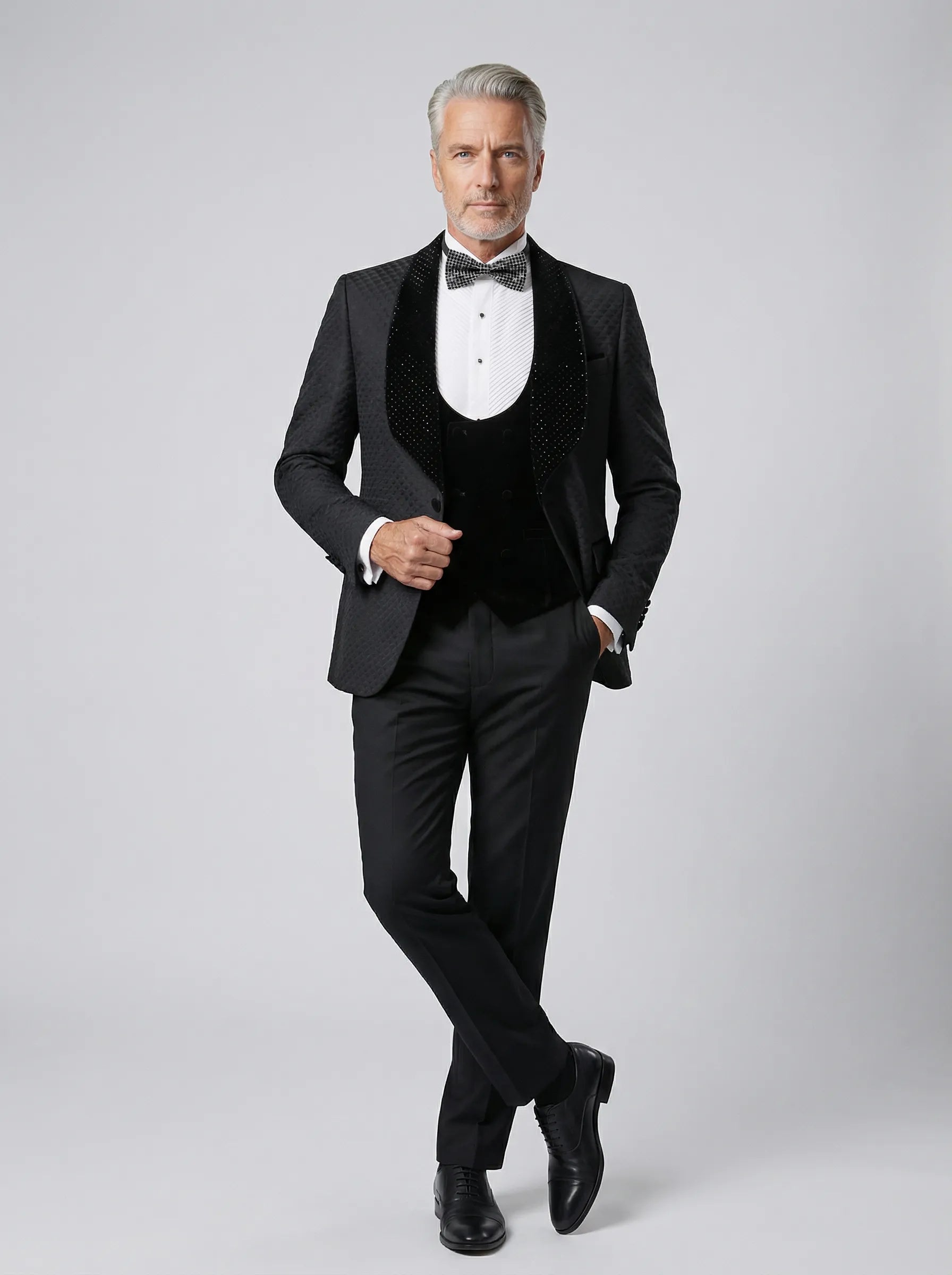 Obsidian Masterpiece - Black Jacquard Velvet Peak Lapel 3-Piece Tuxedo - Nevo Suit™
