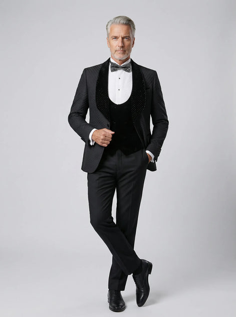 Obsidian Masterpiece - Black Jacquard Velvet Peak Lapel 3-Piece Tuxedo - Nevo Suit™