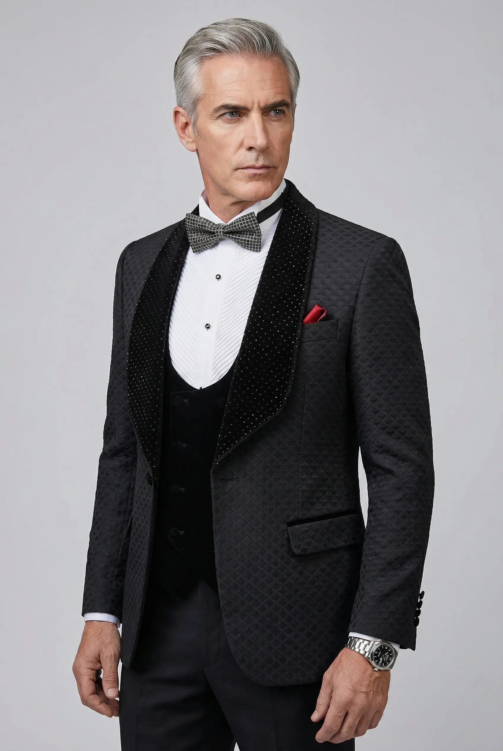 Obsidian Masterpiece - Black Jacquard Velvet Peak Lapel 3-Piece Tuxedo - Nevo Suit™