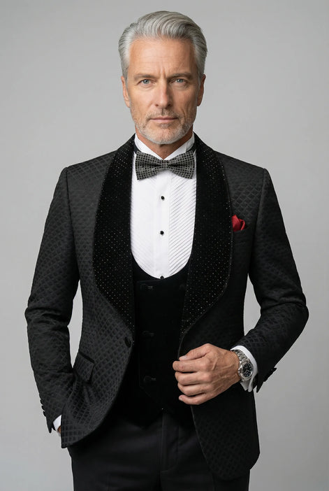 Obsidian Masterpiece - Black Jacquard Velvet Peak Lapel 3-Piece Tuxedo - Nevo Suit™