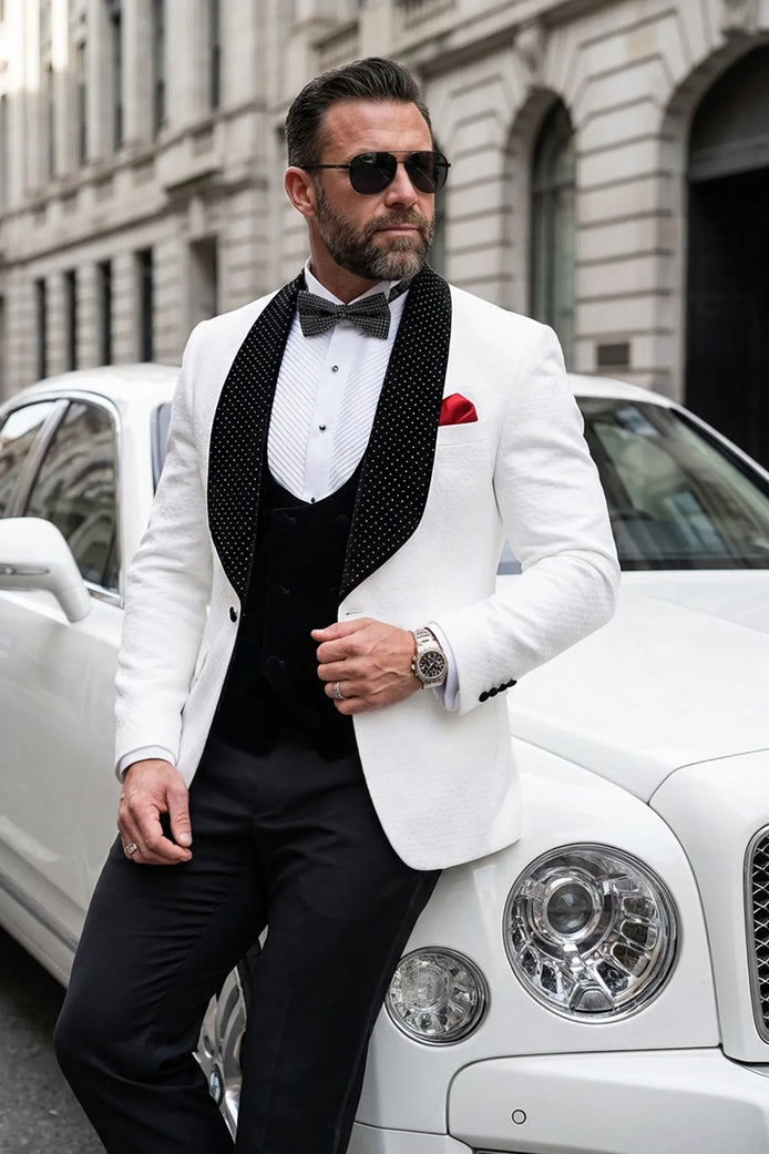 The Diamond Royale - White Jacquard & Velvet Contrast Tuxedo Set