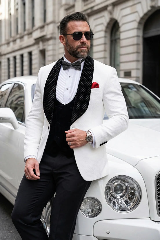 Alabaster Masterpiece - White Jacquard Velvet Peak Lapel 3-Piece Tuxedo - Nevo Suit™