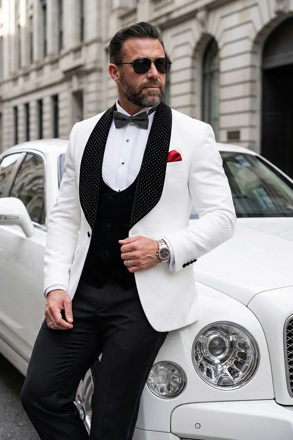 Alabaster Masterpiece - White Jacquard Velvet Peak Lapel 3-Piece Tuxedo - Nevo Suit™