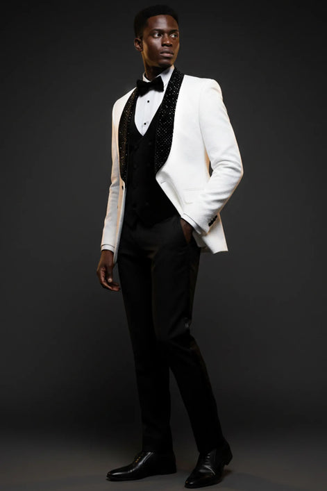 The Diamond Royale - White Jacquard & Velvet Contrast Tuxedo Set