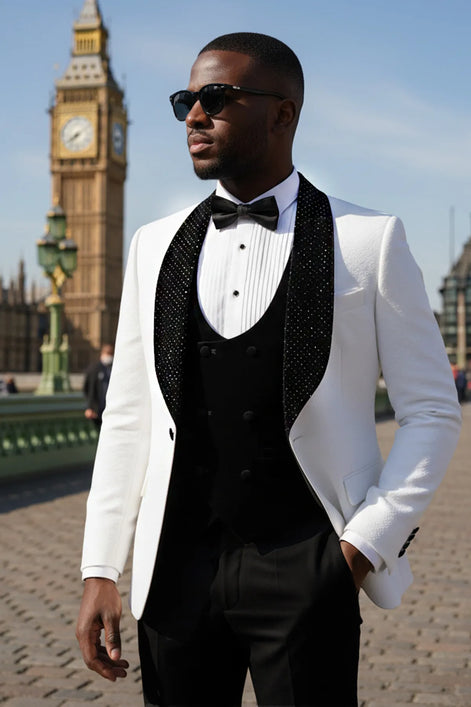 The Diamond Royale - White Jacquard & Velvet Contrast Tuxedo Set