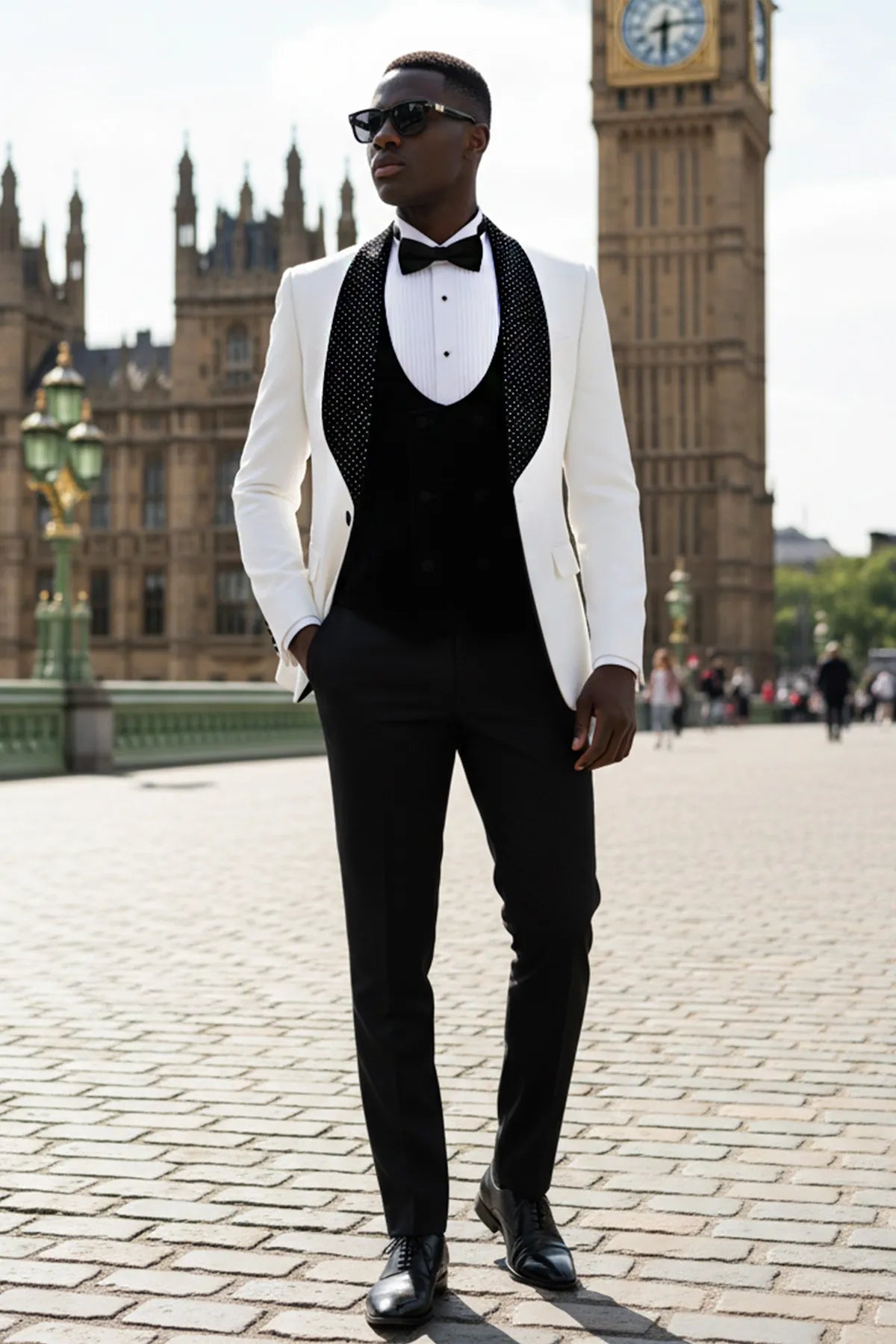 The Diamond Royale - White Jacquard & Velvet Contrast Tuxedo Set