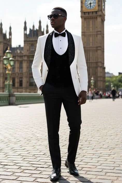 The Diamond Royale - White Jacquard & Velvet Contrast Tuxedo Set