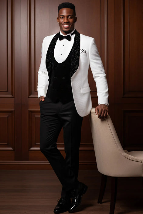 The Diamond Royale - White Jacquard & Velvet Contrast Tuxedo Set