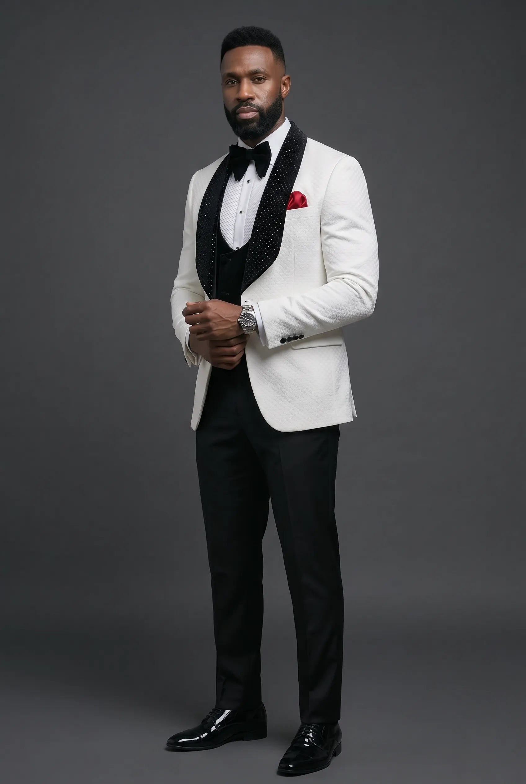 Glacier Masterpiece - White Jacquard Velvet 3-Piece Tuxedo