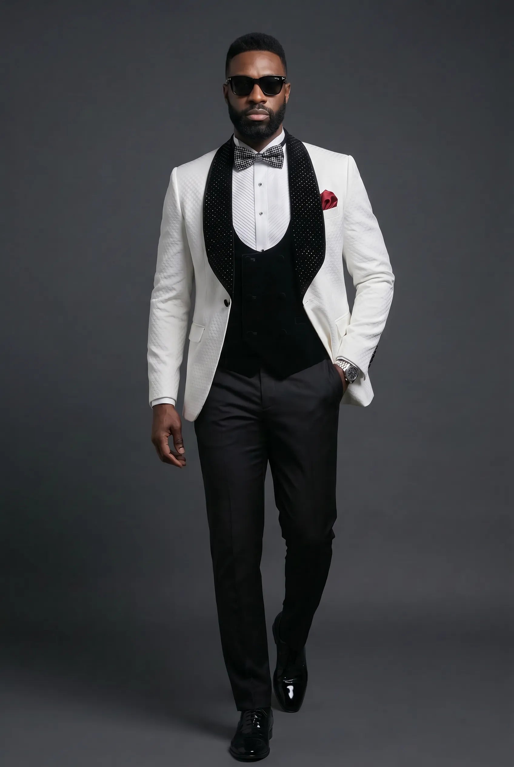 Glacier Masterpiece - White Jacquard Velvet 3-Piece Tuxedo