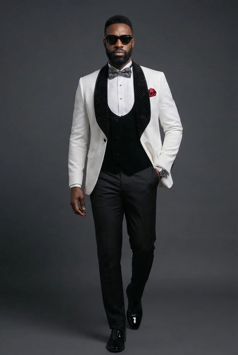 Glacier Masterpiece - White Jacquard Velvet 3-Piece Tuxedo