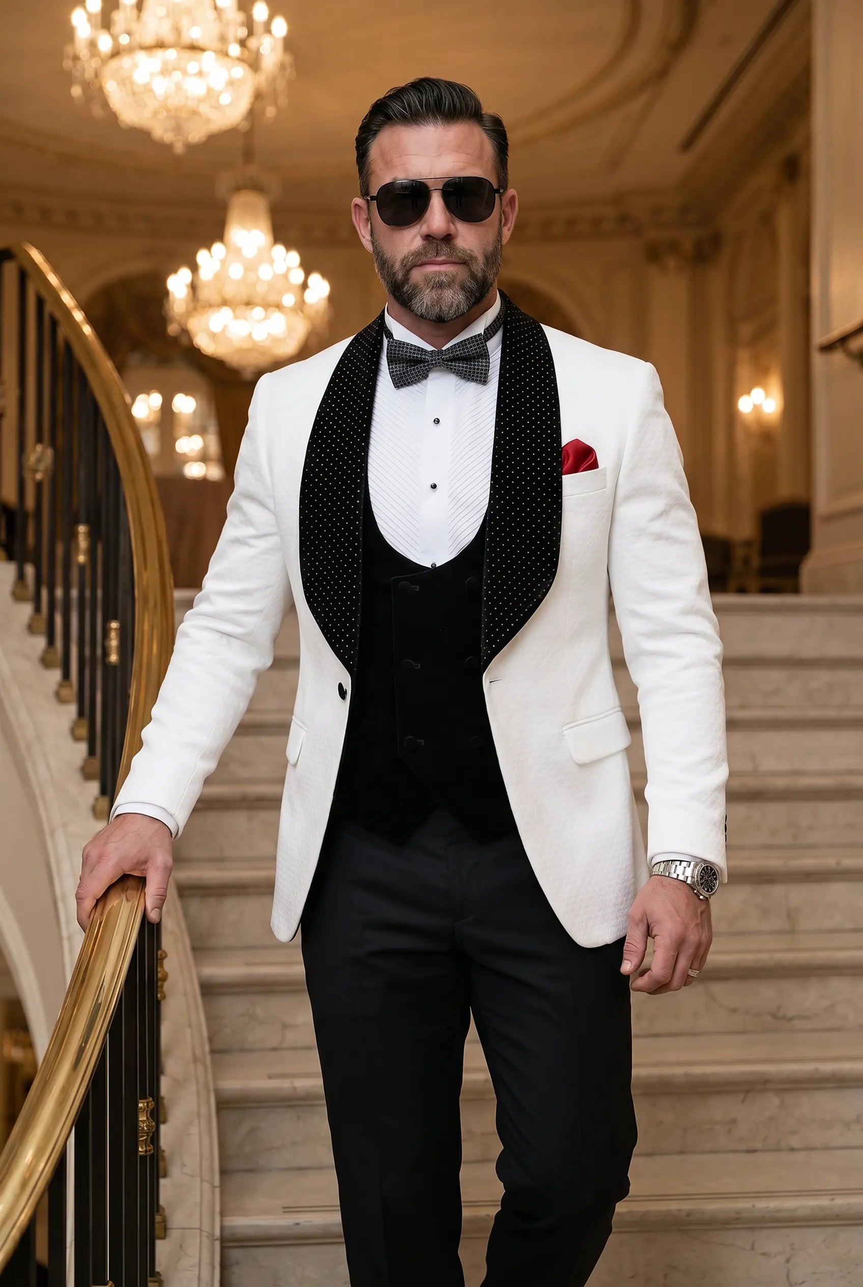 Glacier Masterpiece - White Jacquard Velvet 3-Piece Tuxedo