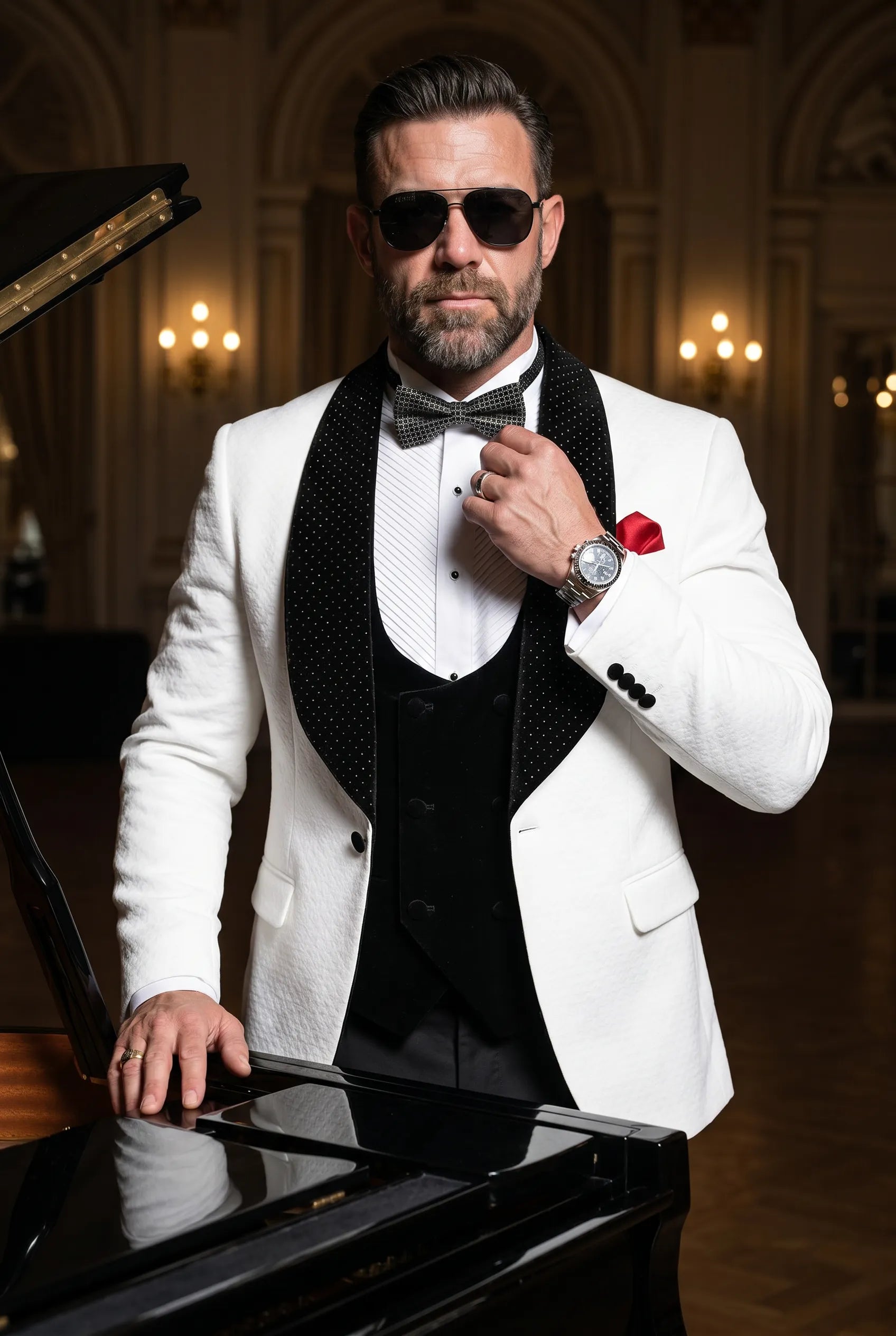Glacier Masterpiece - White Jacquard Velvet 3-Piece Tuxedo
