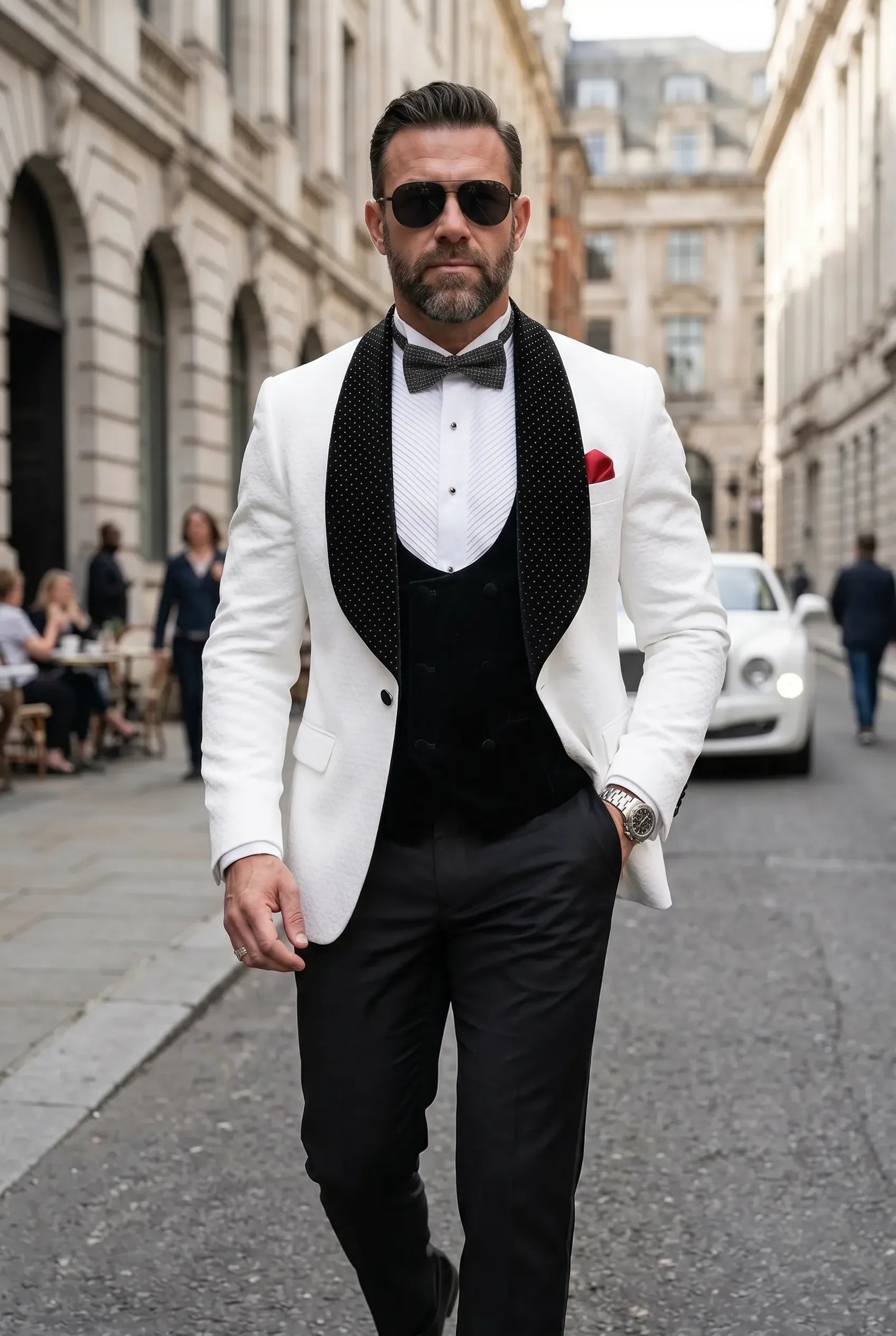 Glacier Masterpiece - White Jacquard Velvet 3-Piece Tuxedo